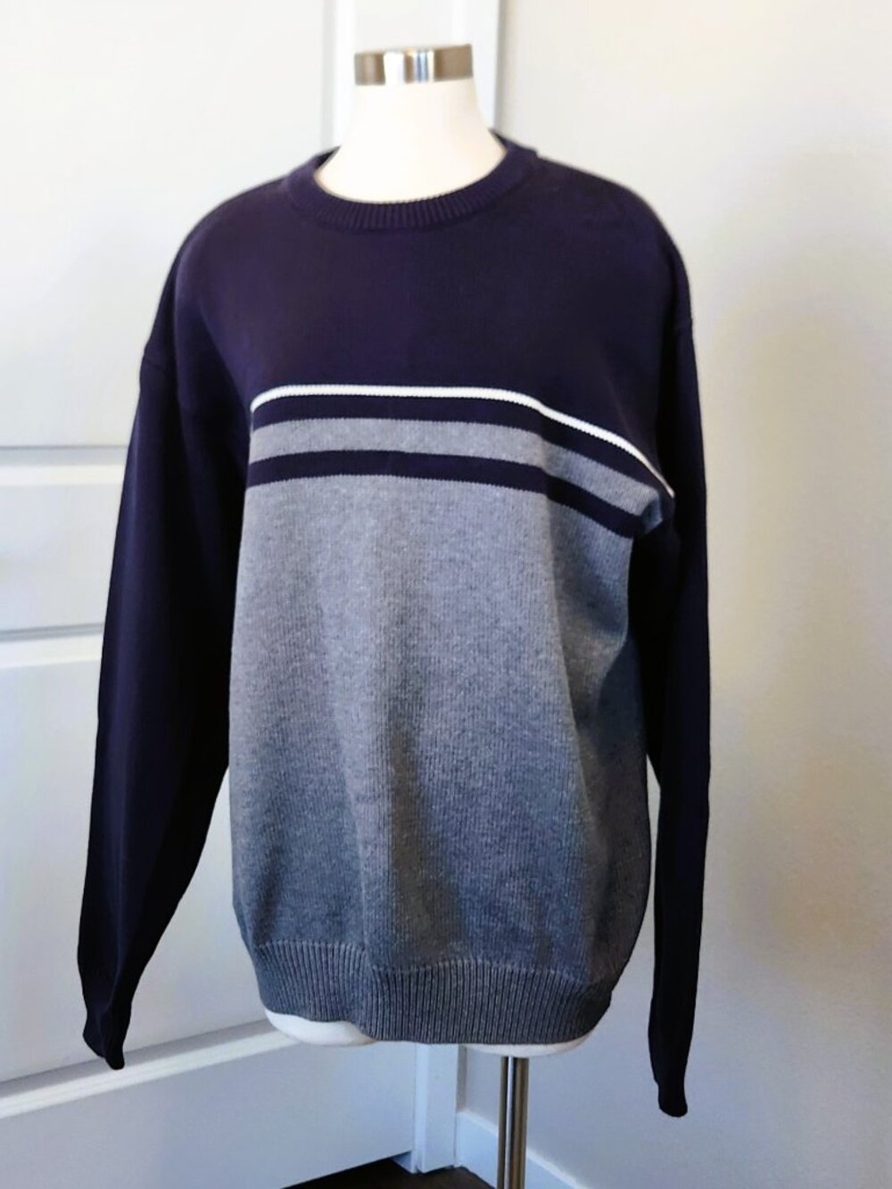 Croft & Barrow Mens XLT Tall Cotton Crewneck Sweater Navy Gray Colorblock Stripe